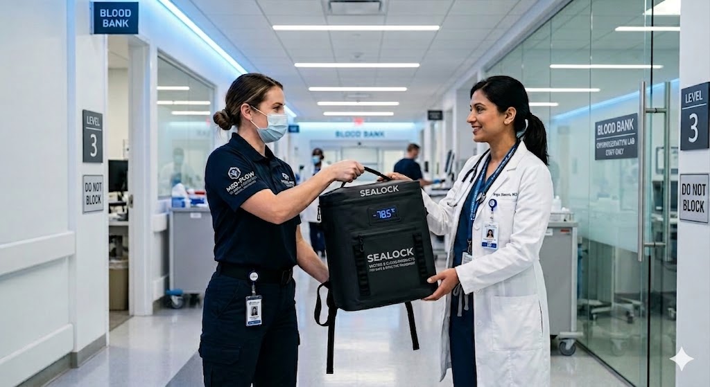 Medical courier delivering a temperature-sensitive payload using an RF welded medical-grade soft cooler backpack